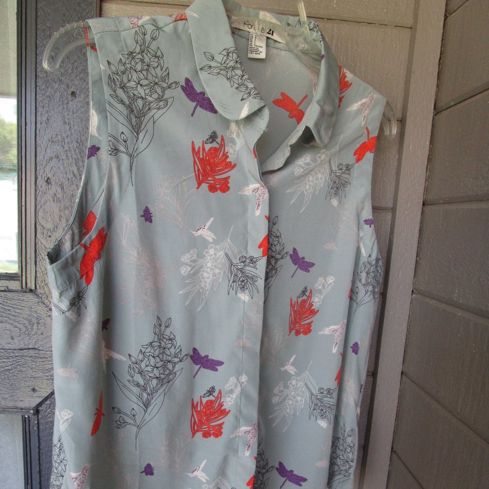 Forever 21 HummingBird DragonFly Sleeveless Blouse Size L